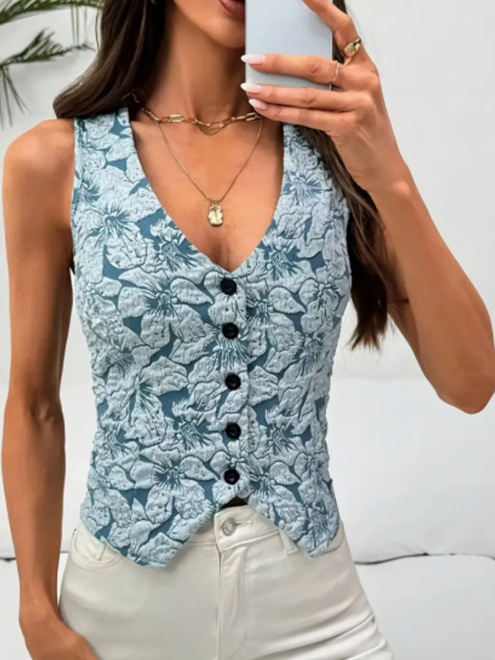 Floral Jacquard Button-Front Vest Coat, image 2