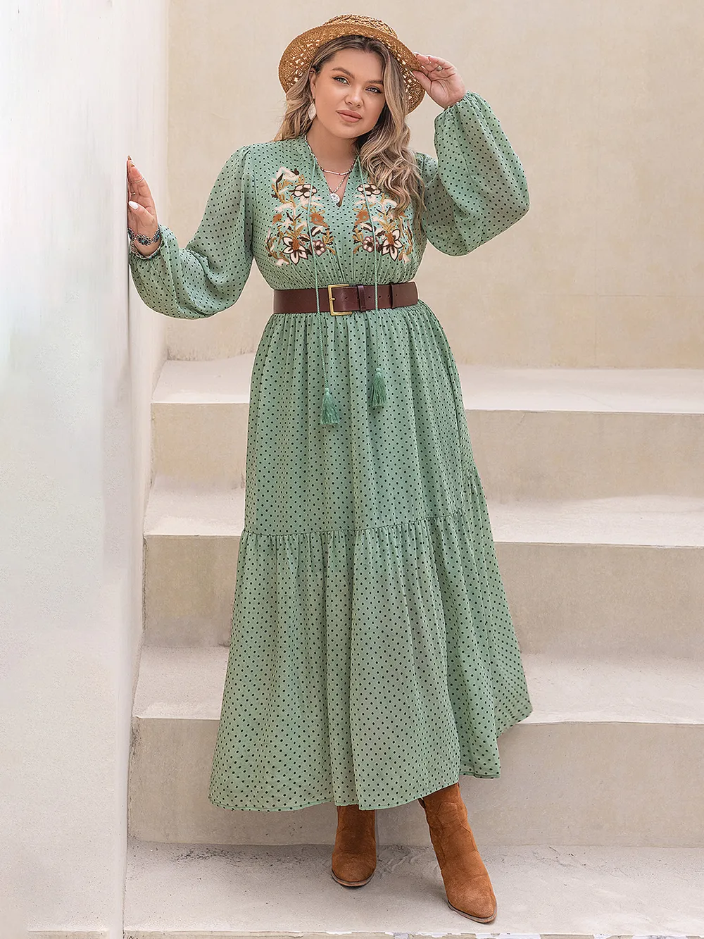Plus Size Tassel Printed Tie Neck Long Sleeve Midi Dress, image 2