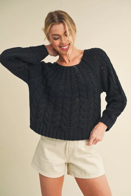 Cable-Knit Openwork Round Neck Sweater, image 2