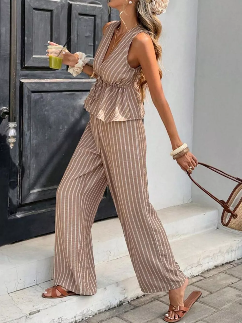 Striped Sleeveless Top and Wide Leg Pants Set, image 5