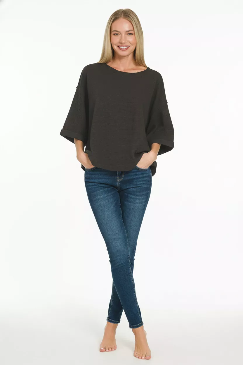 Double Knit Exposed Seam Curved Hem Top, image 2