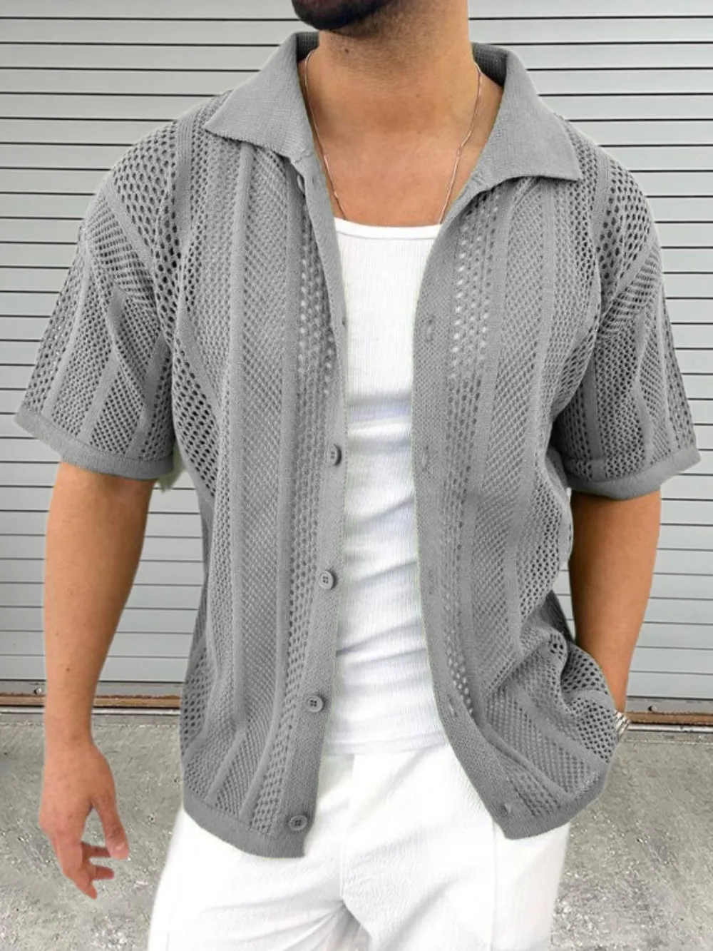Men's Button Down Collared Neck Hollow Out Shirt, image 4