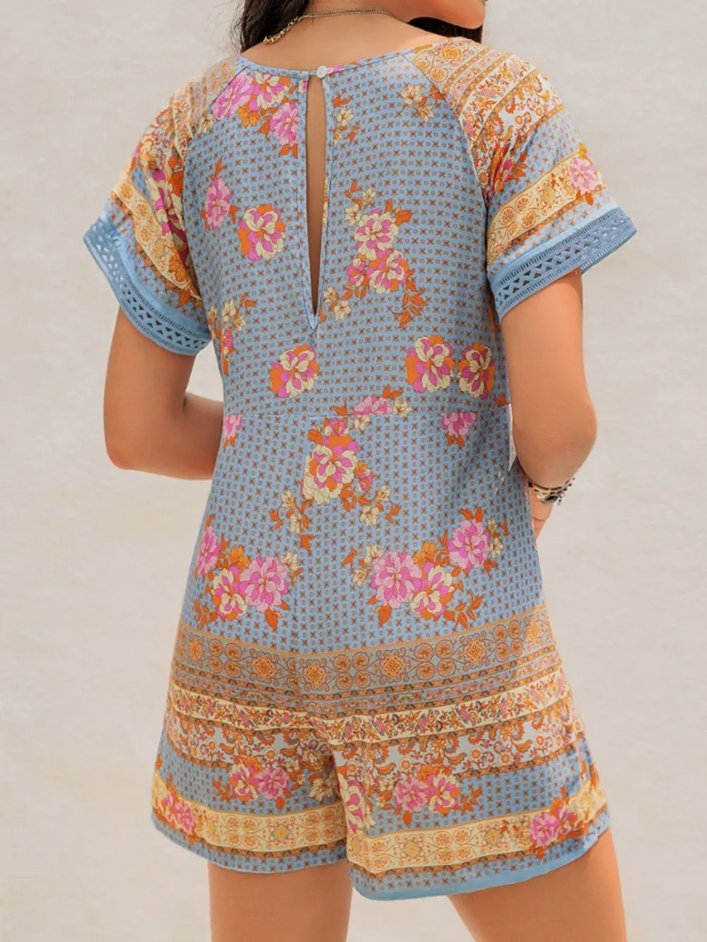 Printed V-Neck Short Sleeve Romper, image 3
