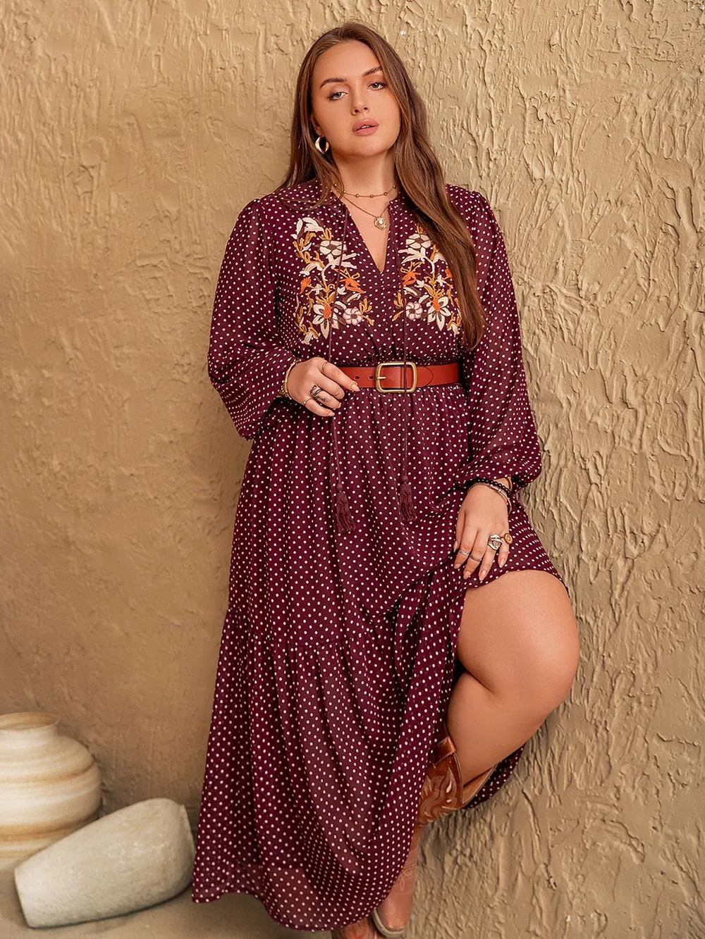 Plus Size Embroidered Polka Dot Tie Neck Long Sleeve Midi Dress, image 3