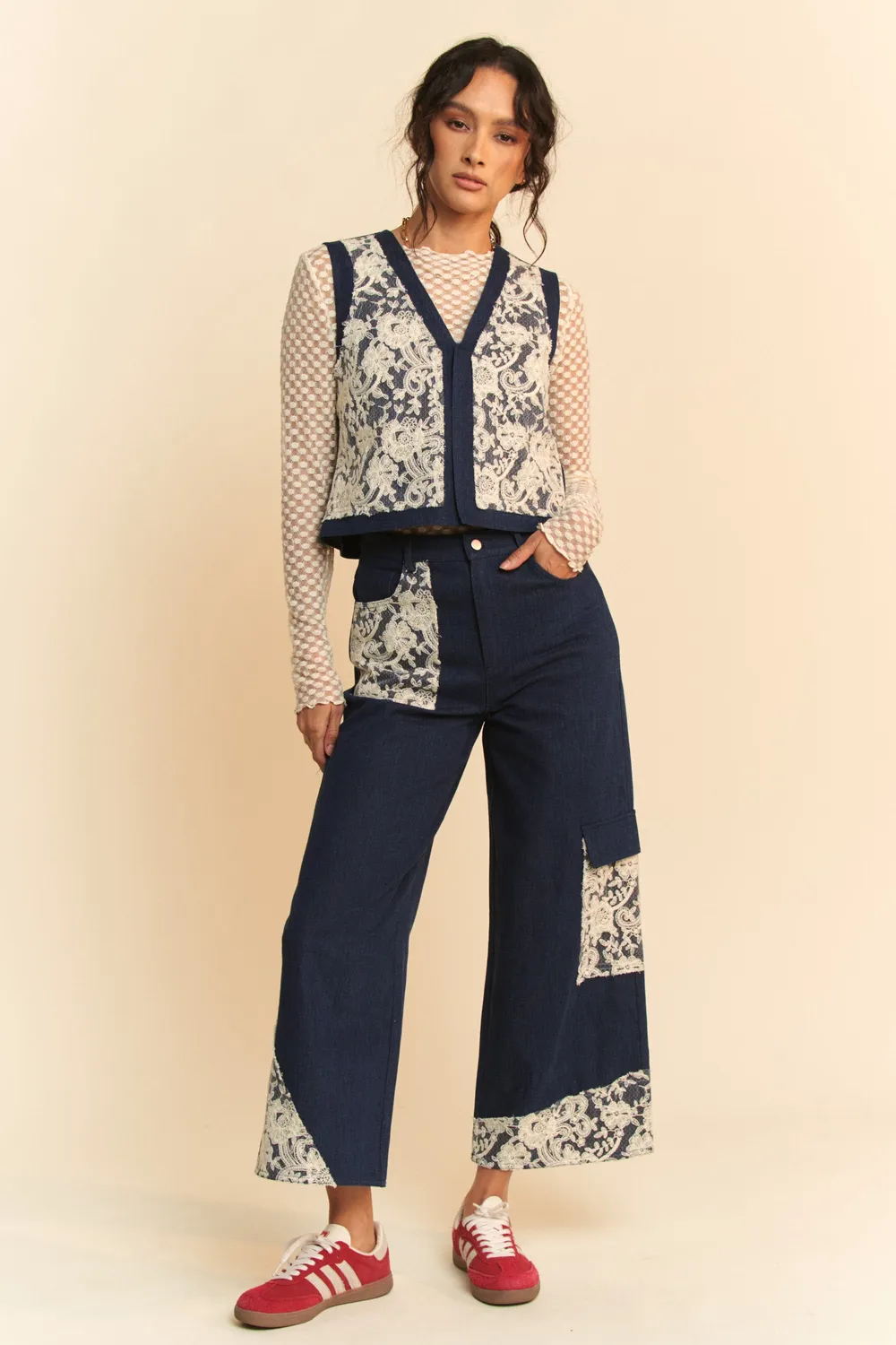 Lace Patch Open Front Denim Vest, image 5