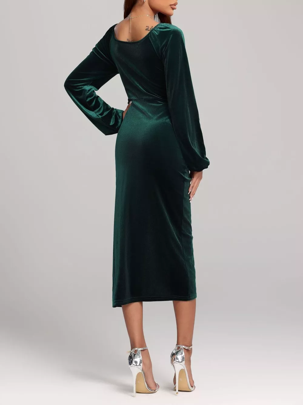 Velvet Long Sleeve Slit Midi Dress, image 5