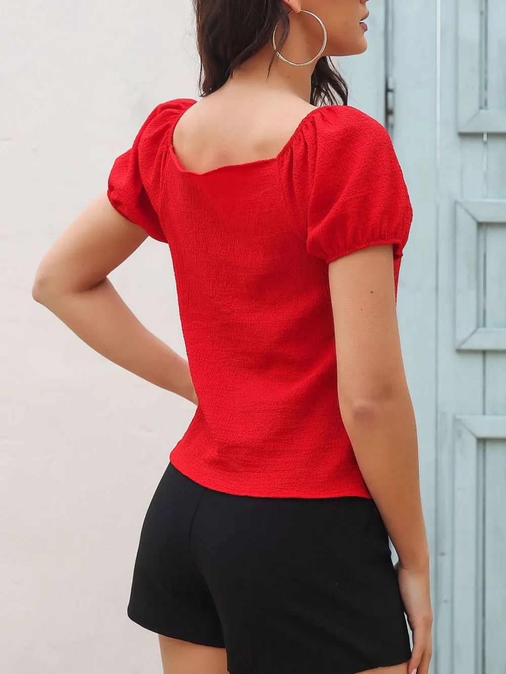 Ruched Decor Button V-Neck Short Sleeve Blouse, image 5