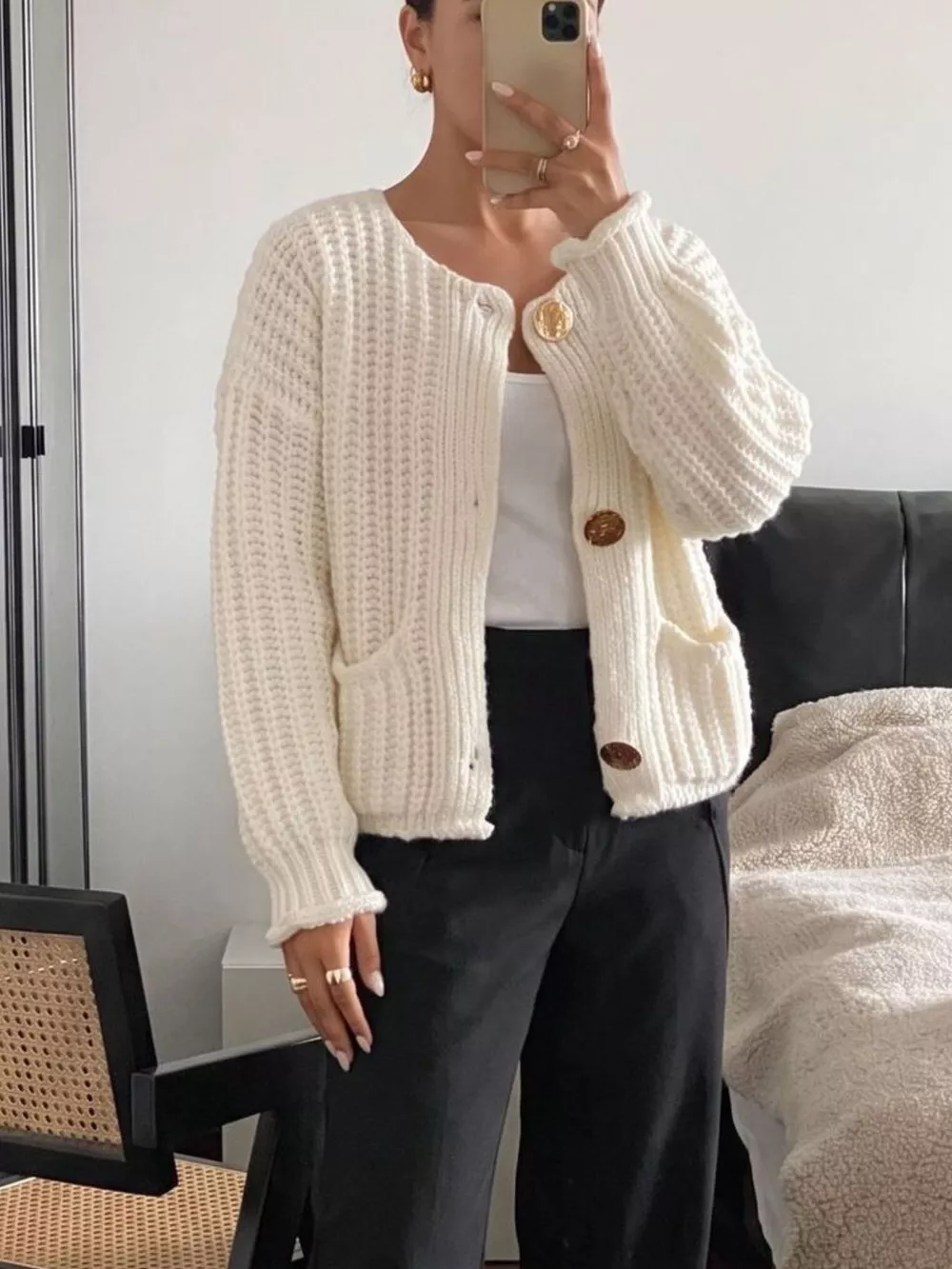 Ribbed Knit Cardigan with Gold-Tone Buttons, image 7