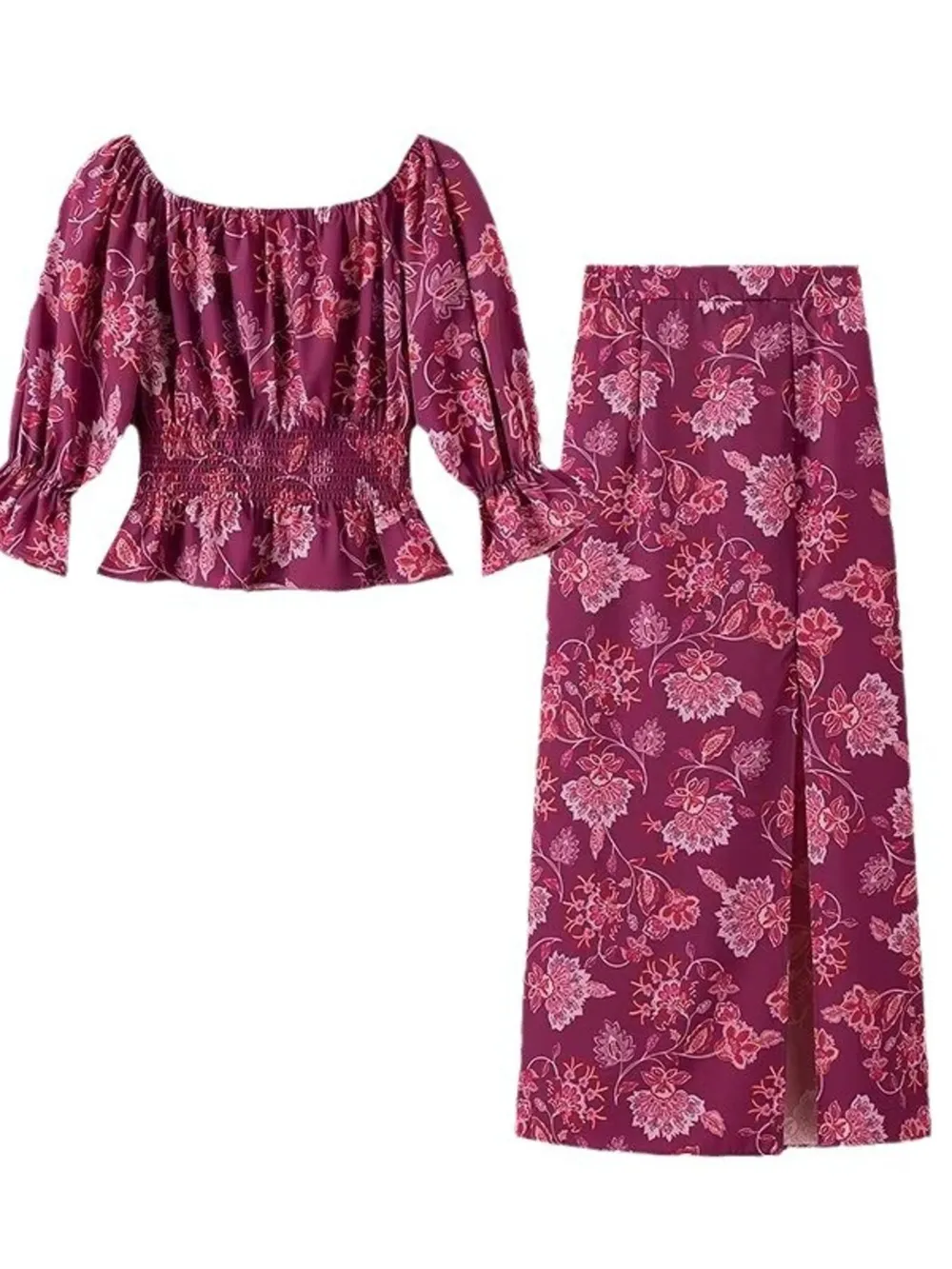 Printed Flounce Sleeve Top and Slit Skirt Set, image 6