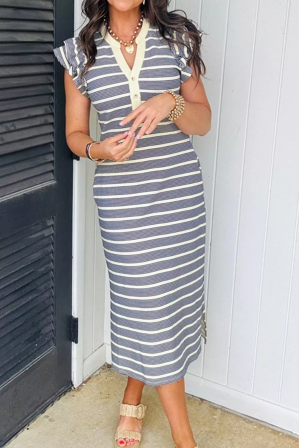 Stripe Ruffled Short Sleeve Contrast Trim Button Notched Neck Midi Dress, image 3