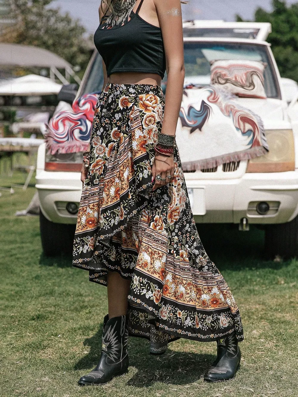Plus Size Boho Floral Print High-Low Skirt, image 4