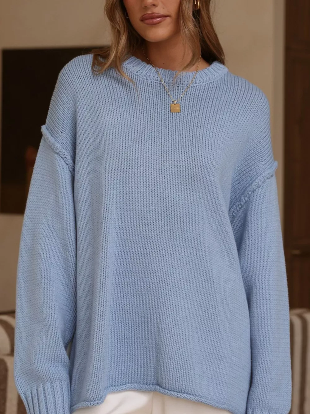 Crew Neck Dropped Shoulder Sweater, image 5