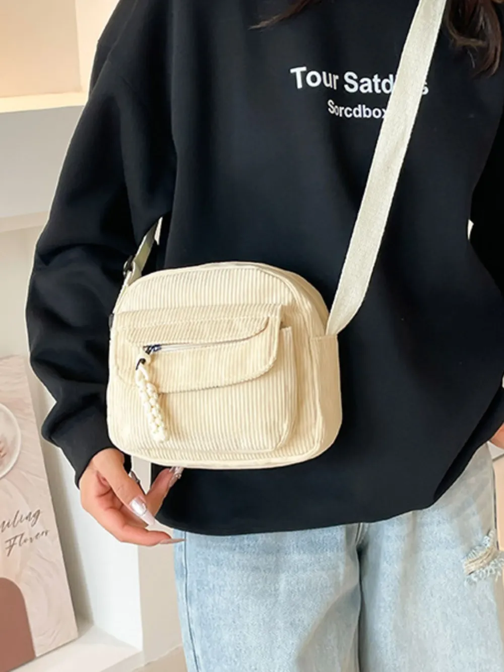 Corduroy Crossbody Bag with Adjustable Strap, image 5