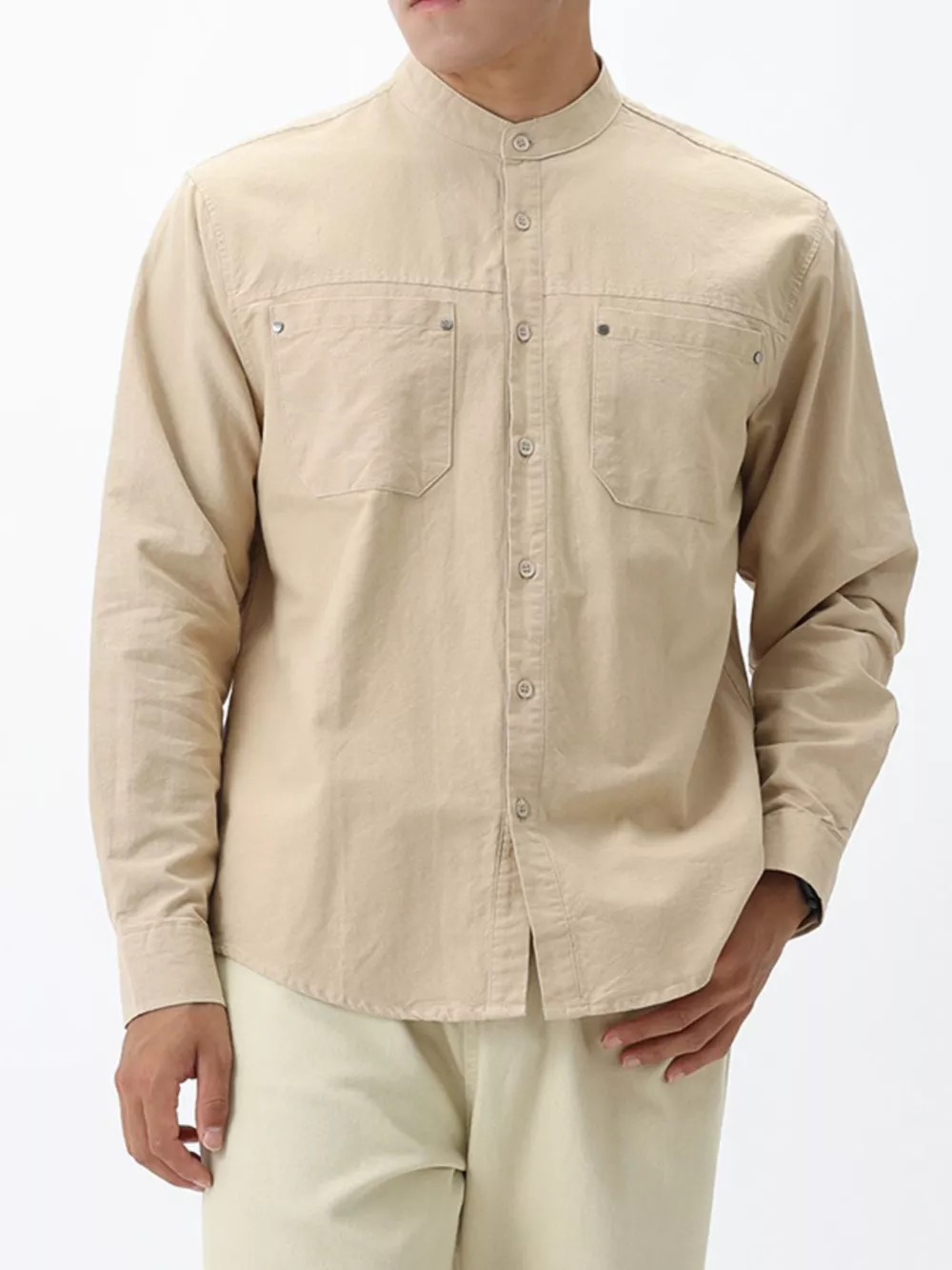 Men's Plus Size Casual Long Sleeve Shirt with Double Chest Pockets