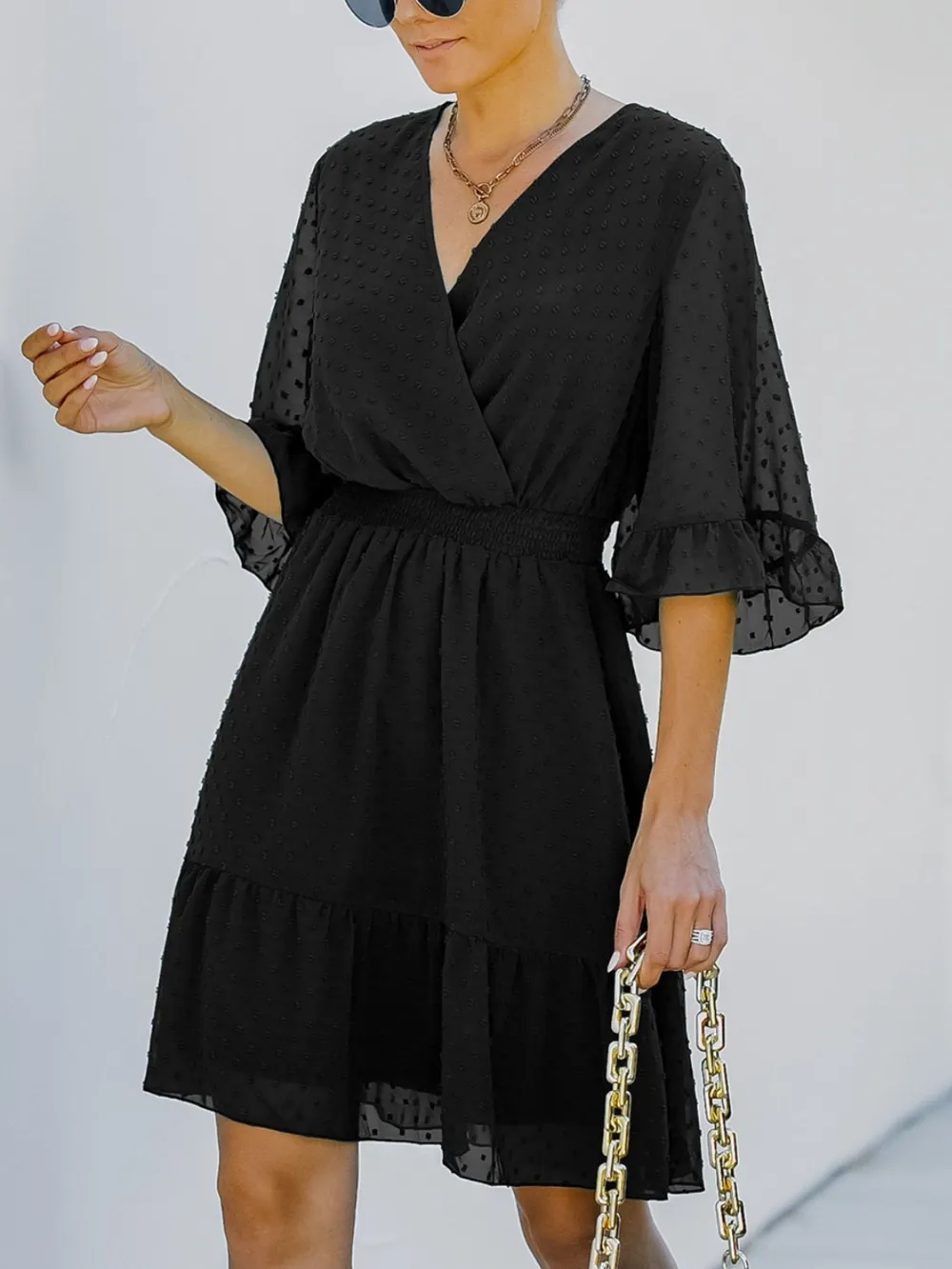 Swiss Dot Flare Sleeve Wrap Mini Dress, image 10