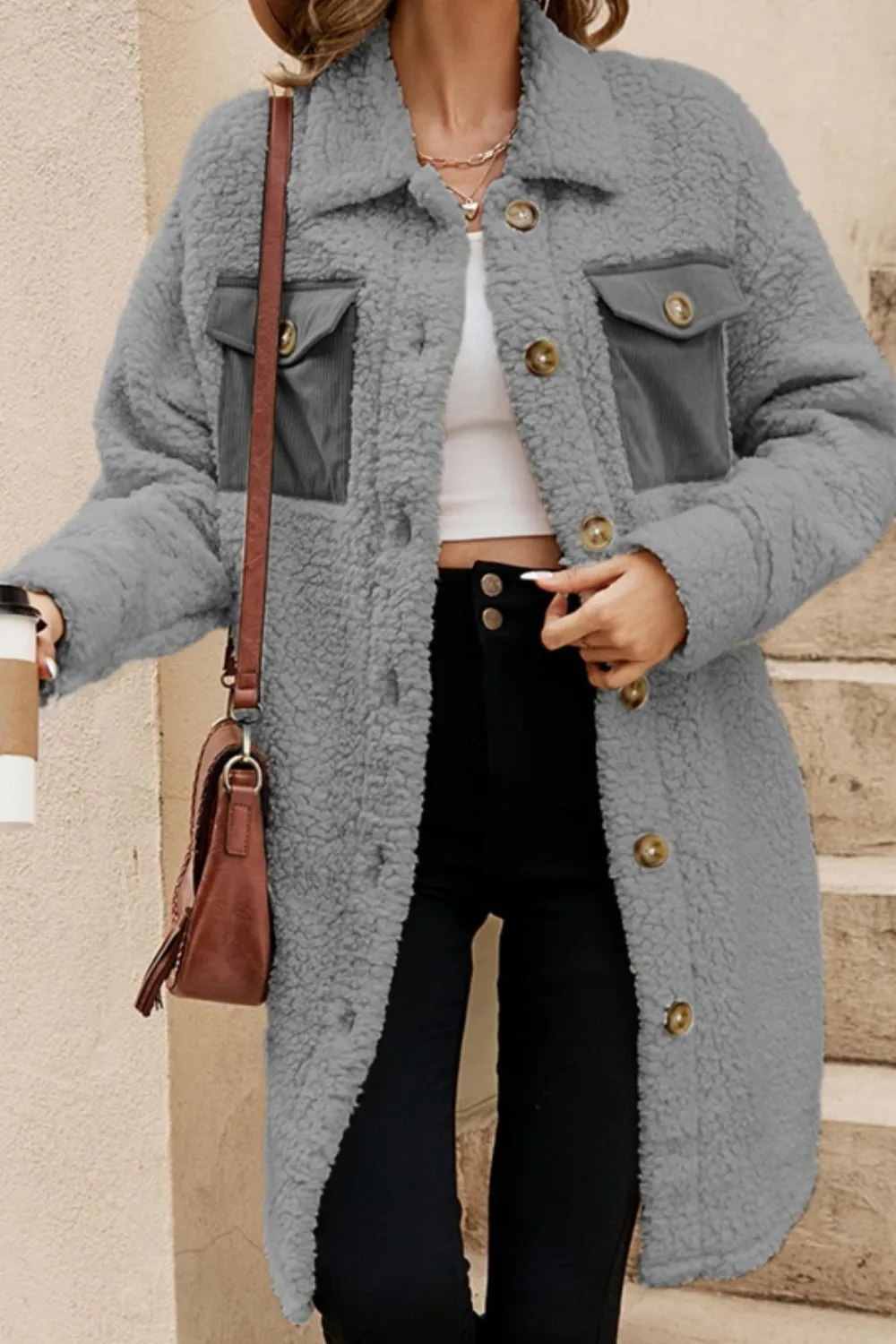 Collared Neck Long Sleeve Longline Teddy Jacket, image 8