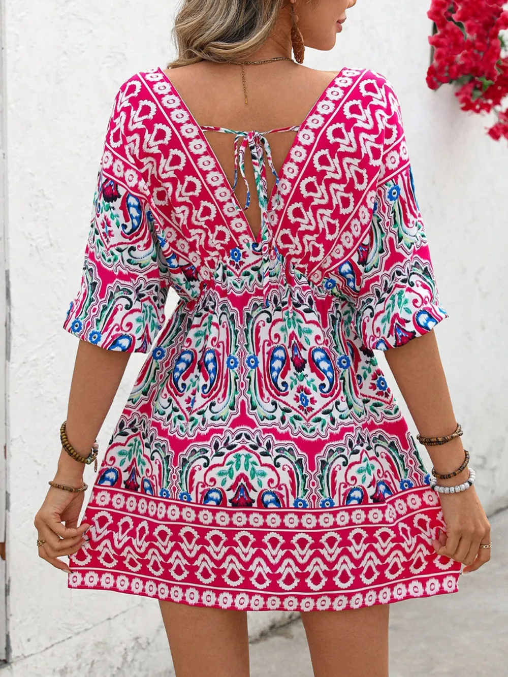 Printed Tie Back Half Sleeve Mini Dress, image 2