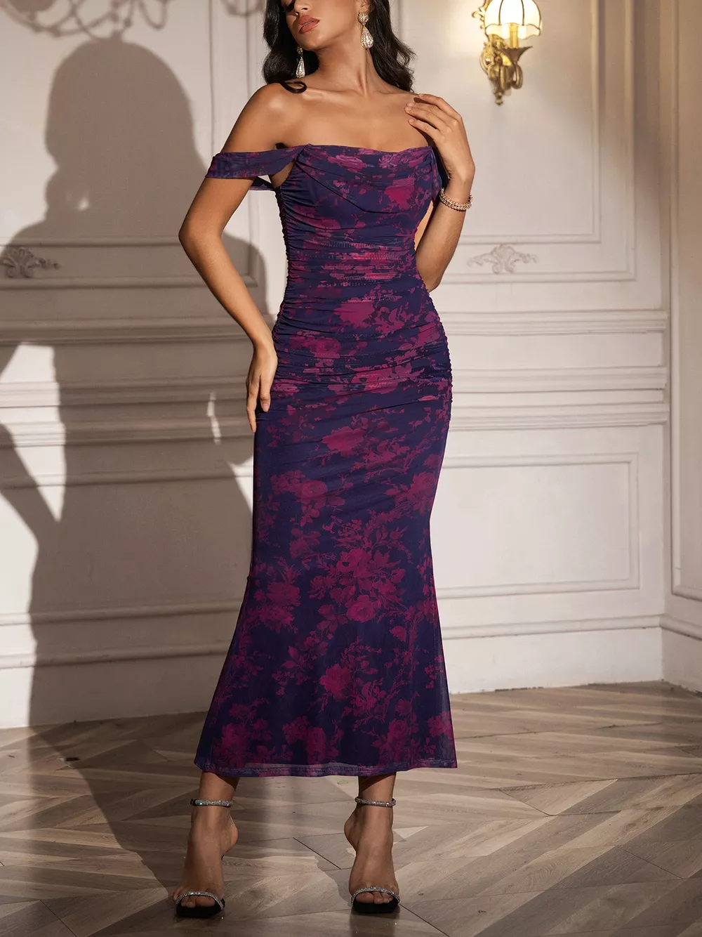 Off-Shoulder Ruched Floral Mermaid Dress, image 10