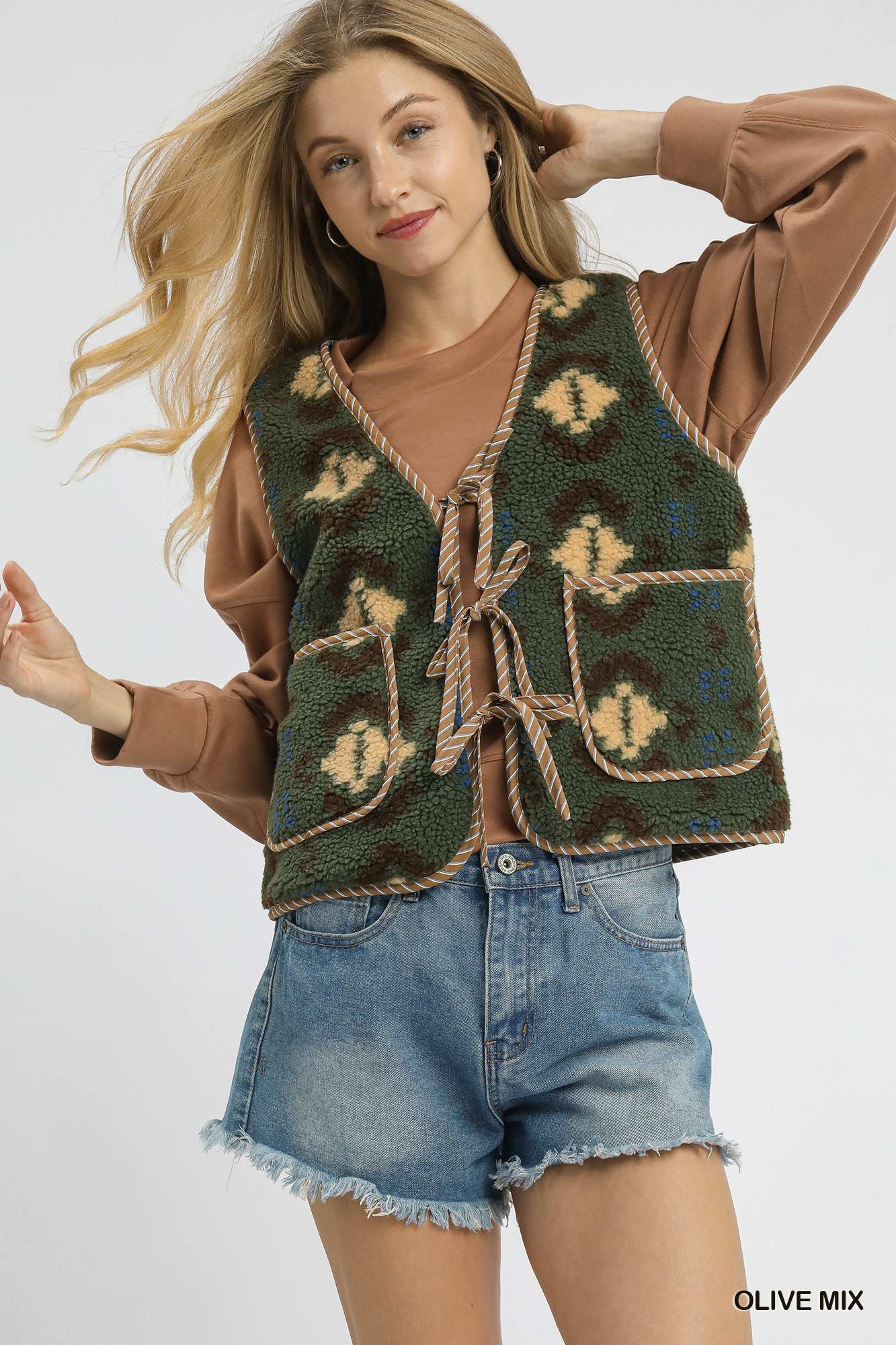 Mix Patterned Sherpa Tie-Front Vest
