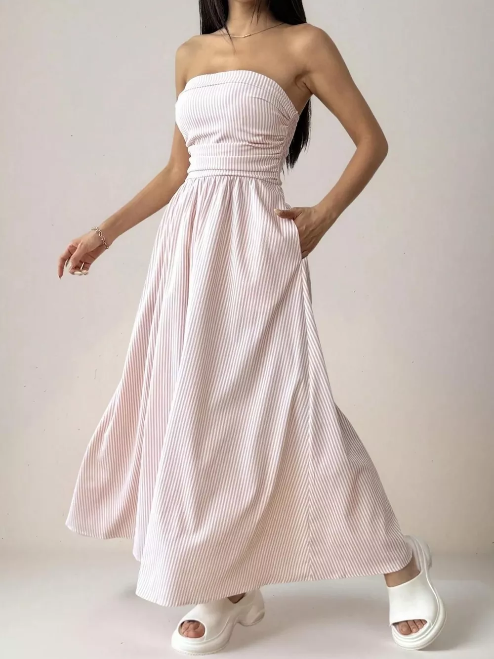 Striped Strapless Casual Maxi Dress, image 3