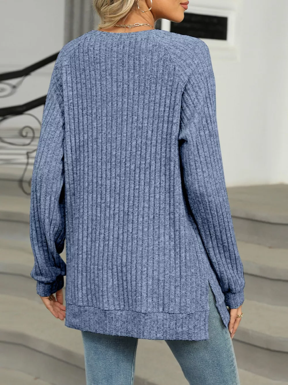 Round Neck Side Slit Ribbed Knit Top with Asymmetric Button Detail, image 14
