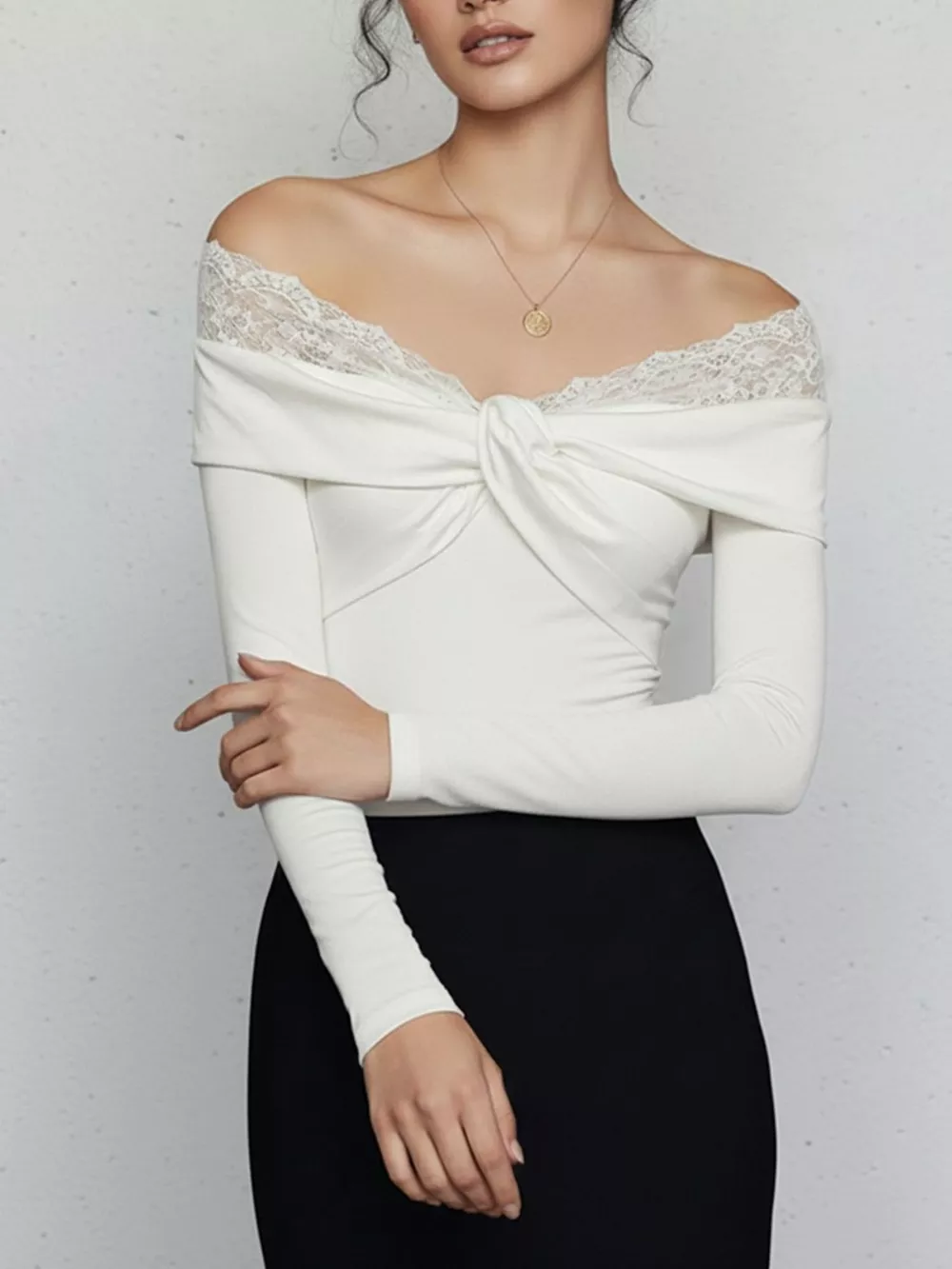 Lace Detail Off-Shoulder Long Sleeve Bodysuit, image 2
