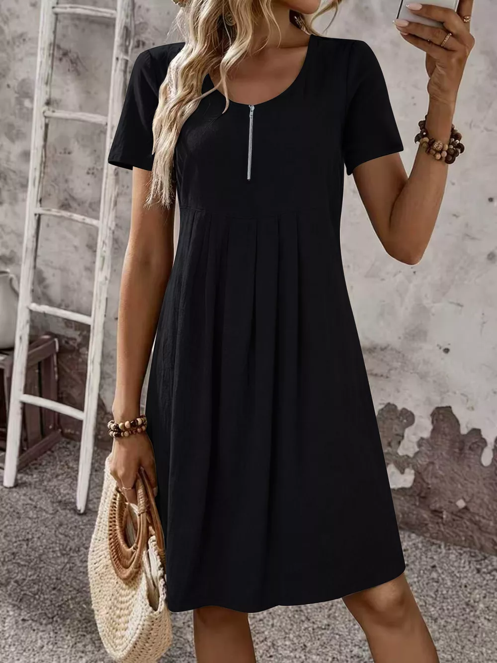 Zipper-Front Short Sleeve A-Line Dress, image 4