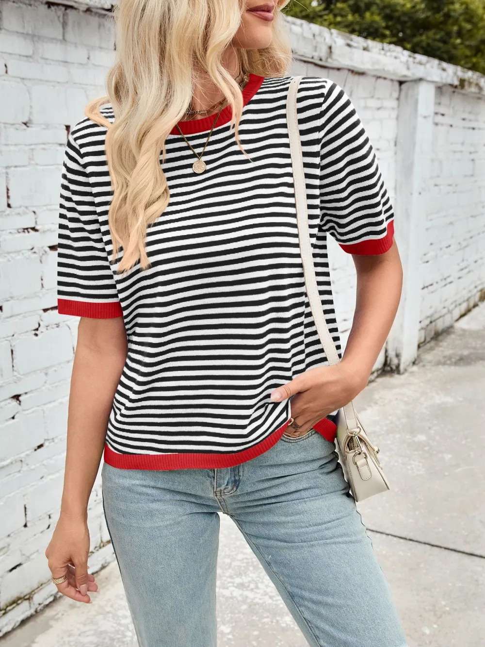 Striped Contrast Round Neck Half Sleeve Knit Top, image 22