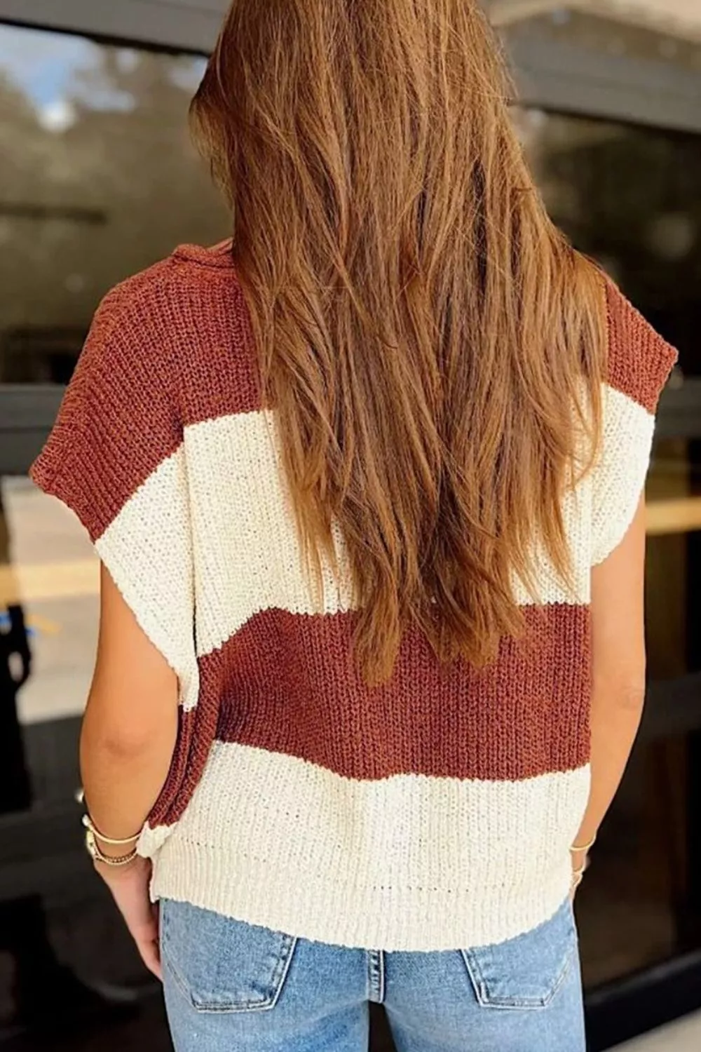 Striped Colorblock Knit Short Sleeve Loose Sweater, image 5