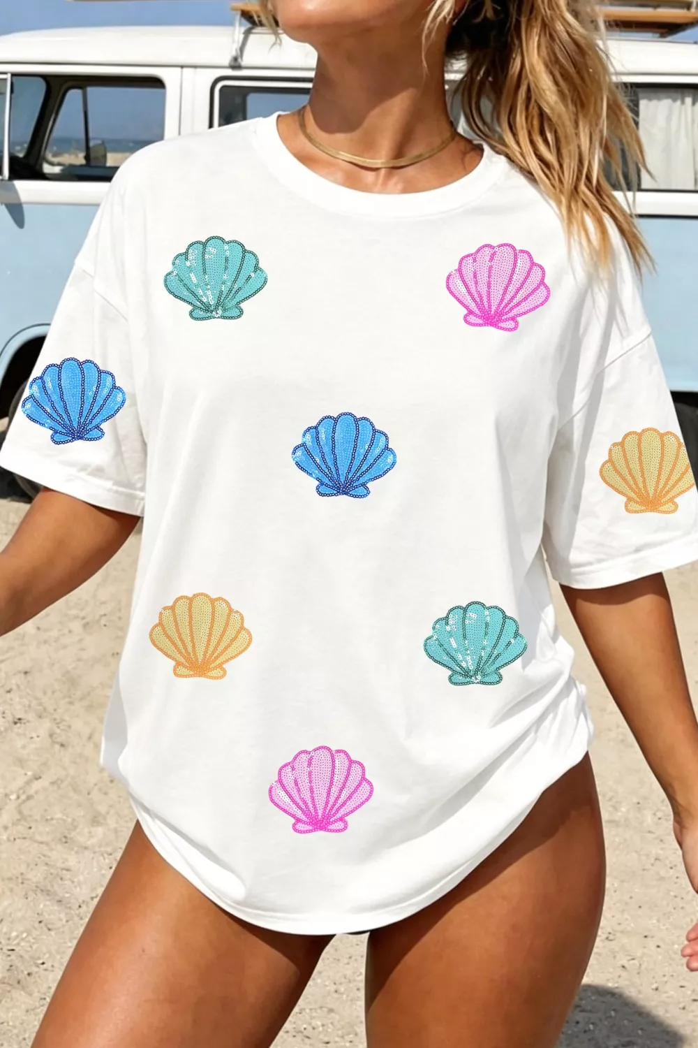 Sequin Shell Graphic Summer Loose T Shirt, image 4