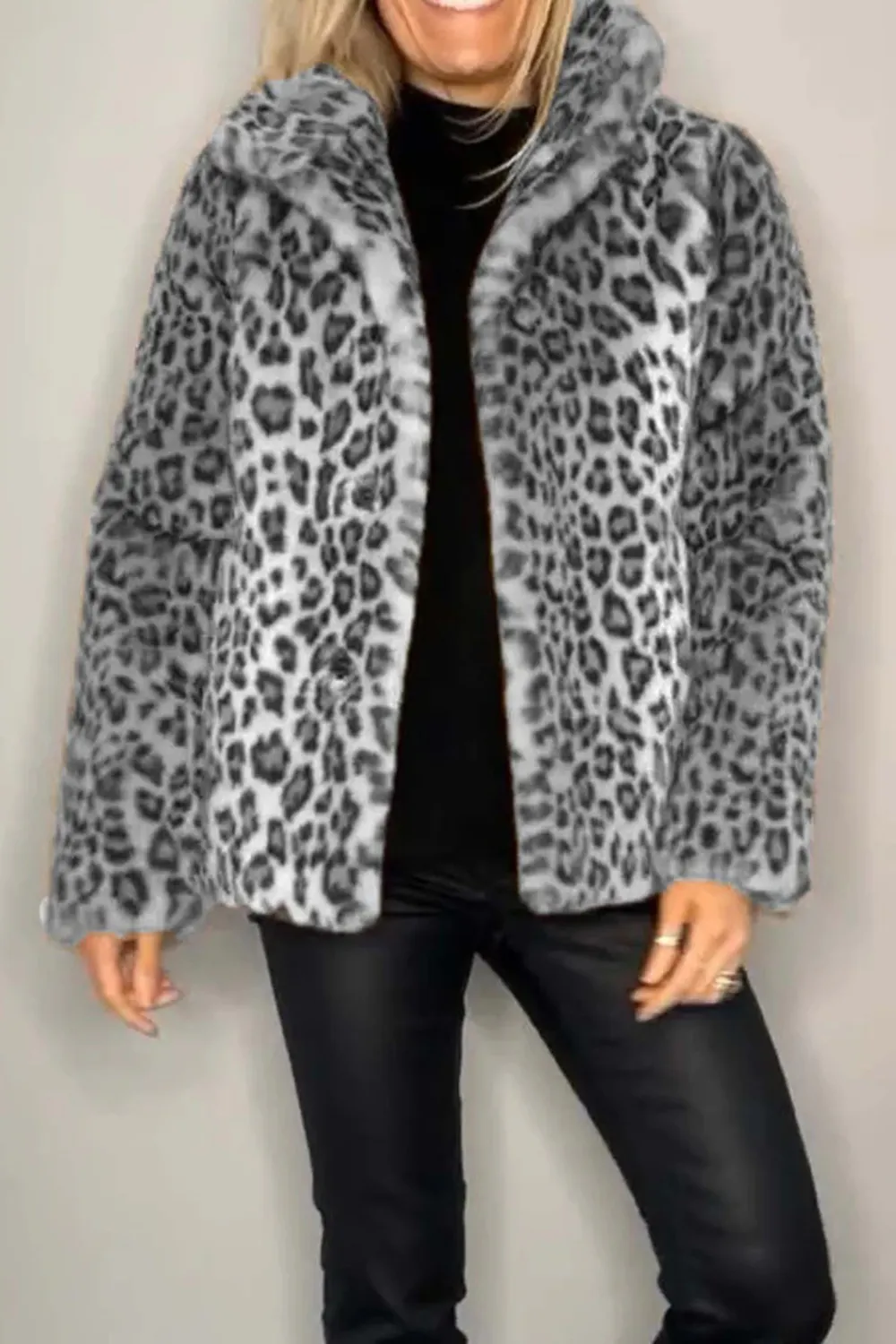 Full Size Leopard Furry Collared Neck Long Sleeve Coat, image 2