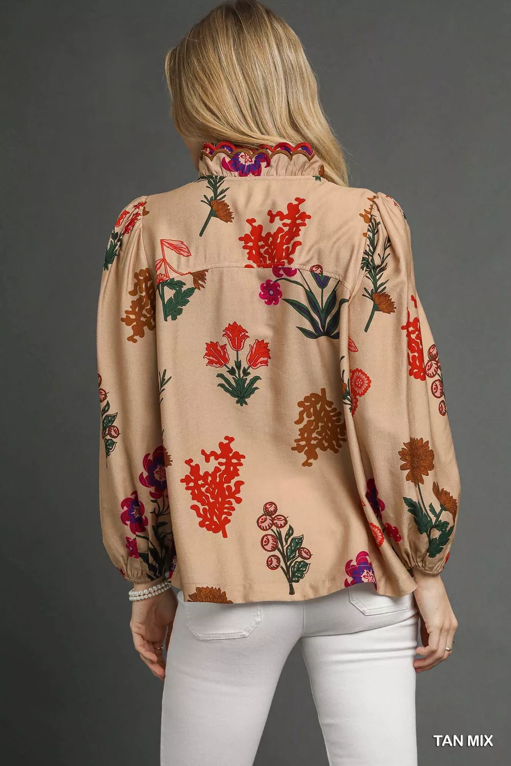 Flower Print Blouse with Scalloped Neckline, image 3