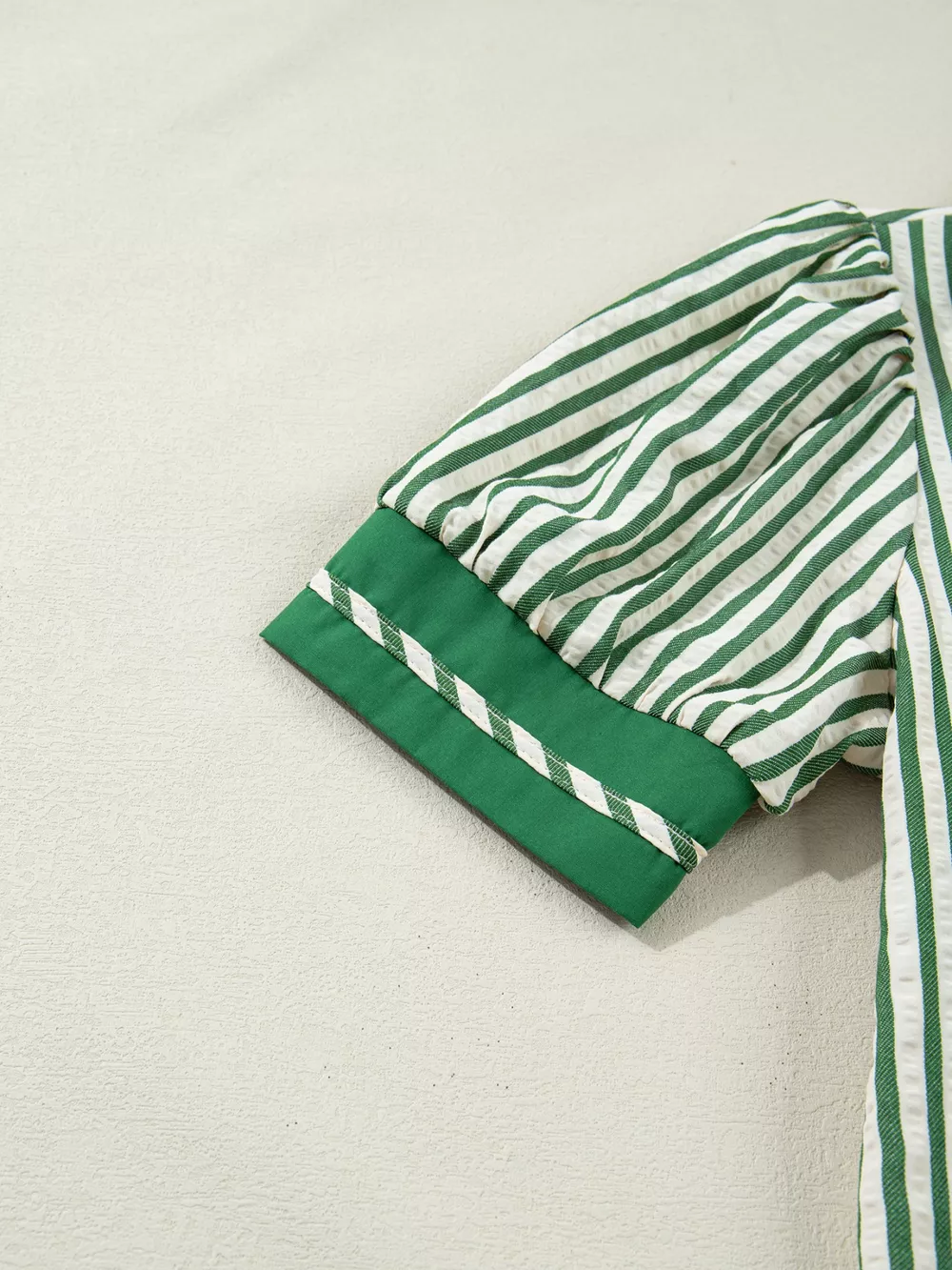 Stripe Collared Split Neck Short Bubble Sleeve Blouse, image 7