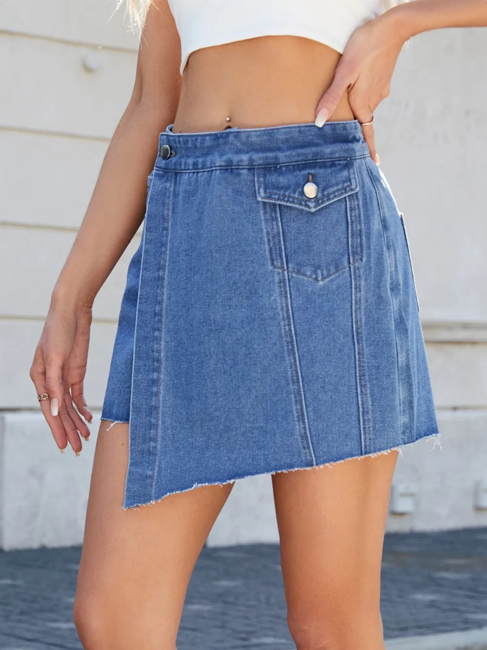 Frayed Hem Asymmetrical Denim Skort, image 3