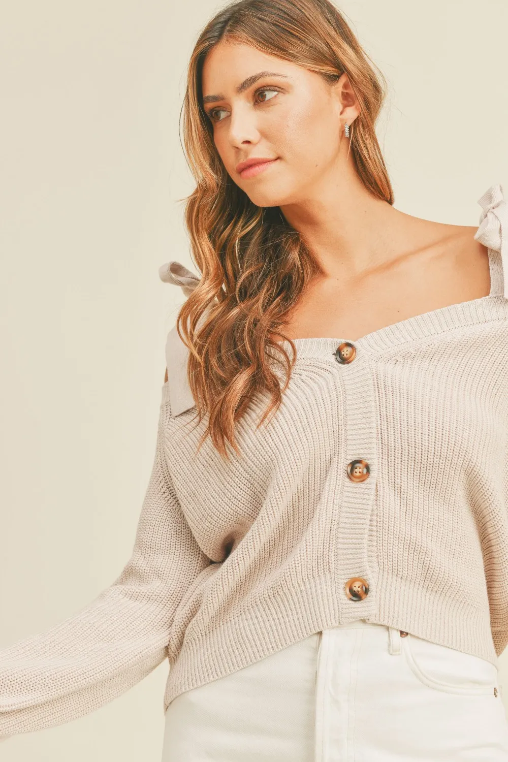 Off Shoulder Self Tie Strap Button Down Sweater, image 3