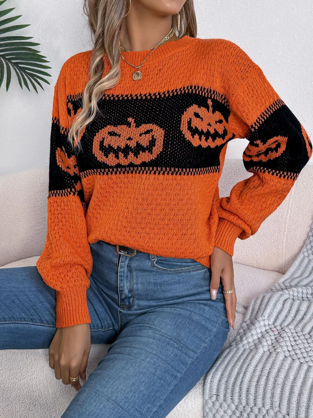 Pumpkin Round Neck Long Sleeve Sweater, image 7