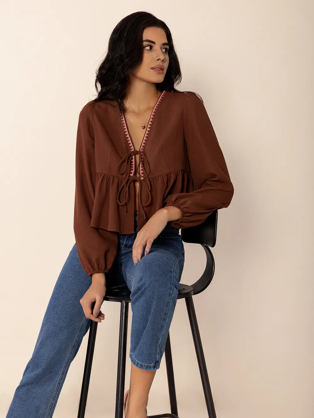 Peplum Tied V-Neck Long Sleeve Blouse, image 2