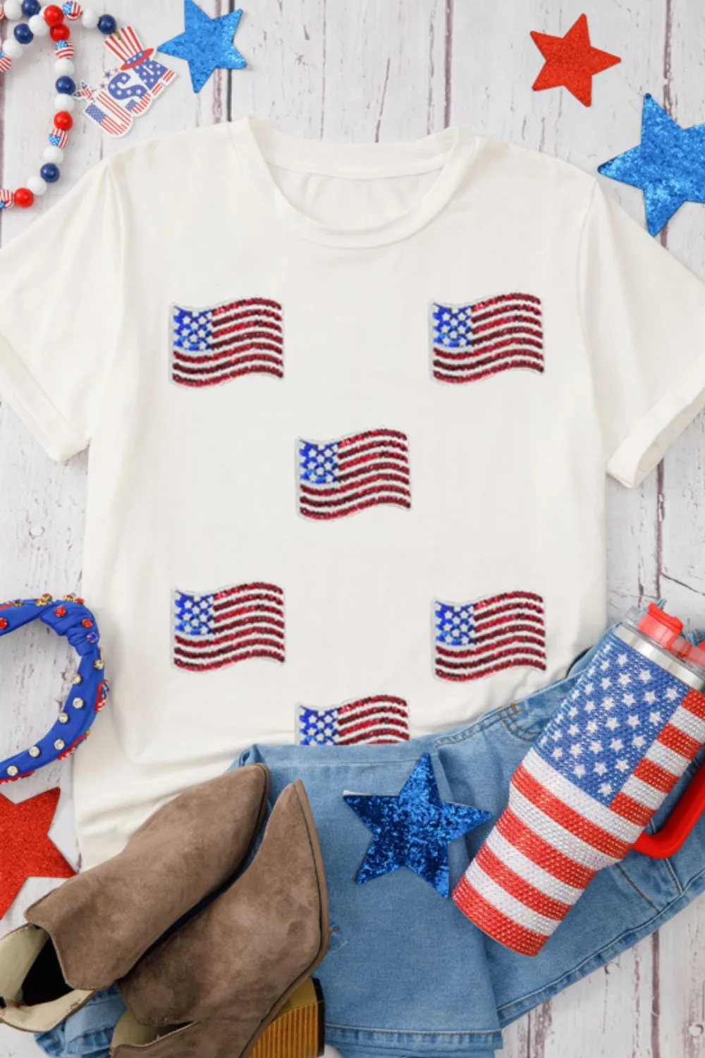 Sequin American Flag Patched Casual T Shirt, image 2