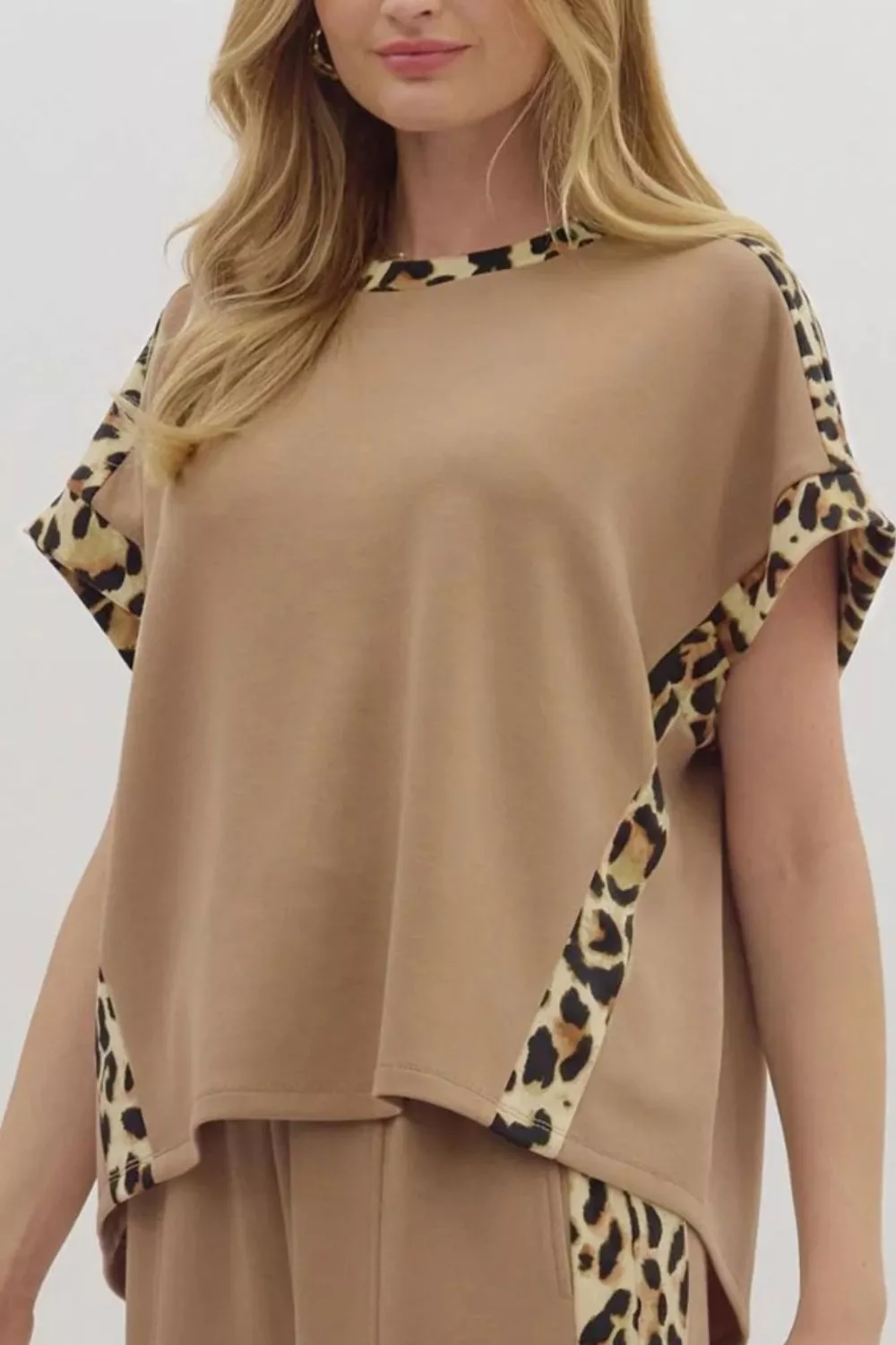 Light French Leopard Trim Round Neck Loose T Shirt, image 3