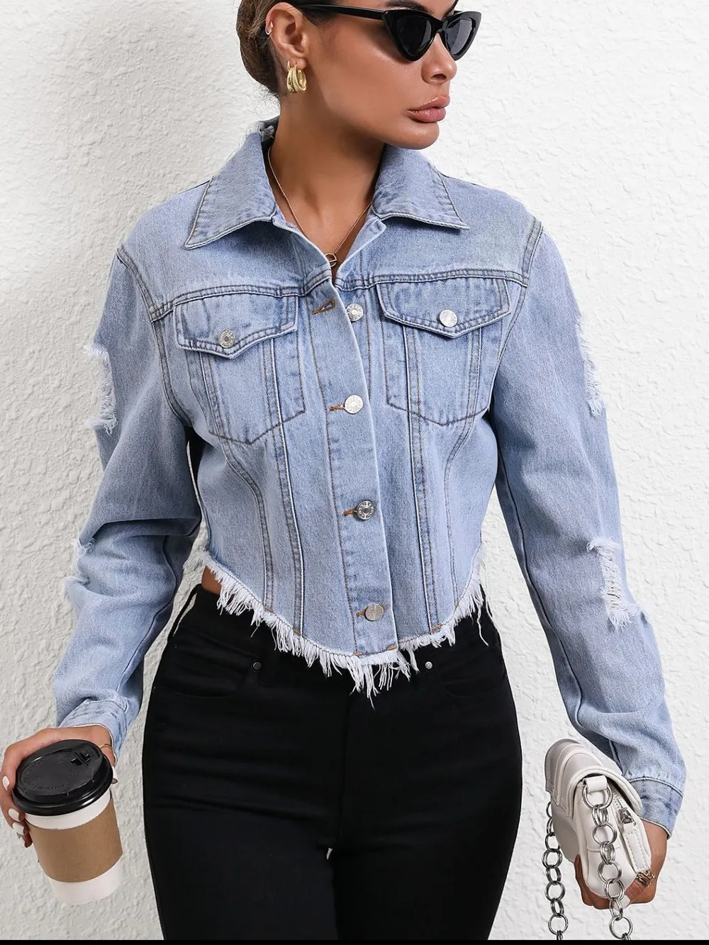 Distressed Raw Hem Button Up Denim Jacket, image 5