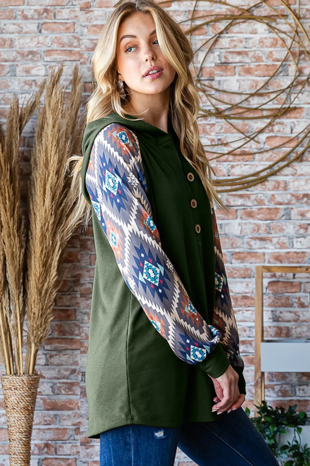 Full Size Half Button Printed Long Sleeve Hooded Top, image 3