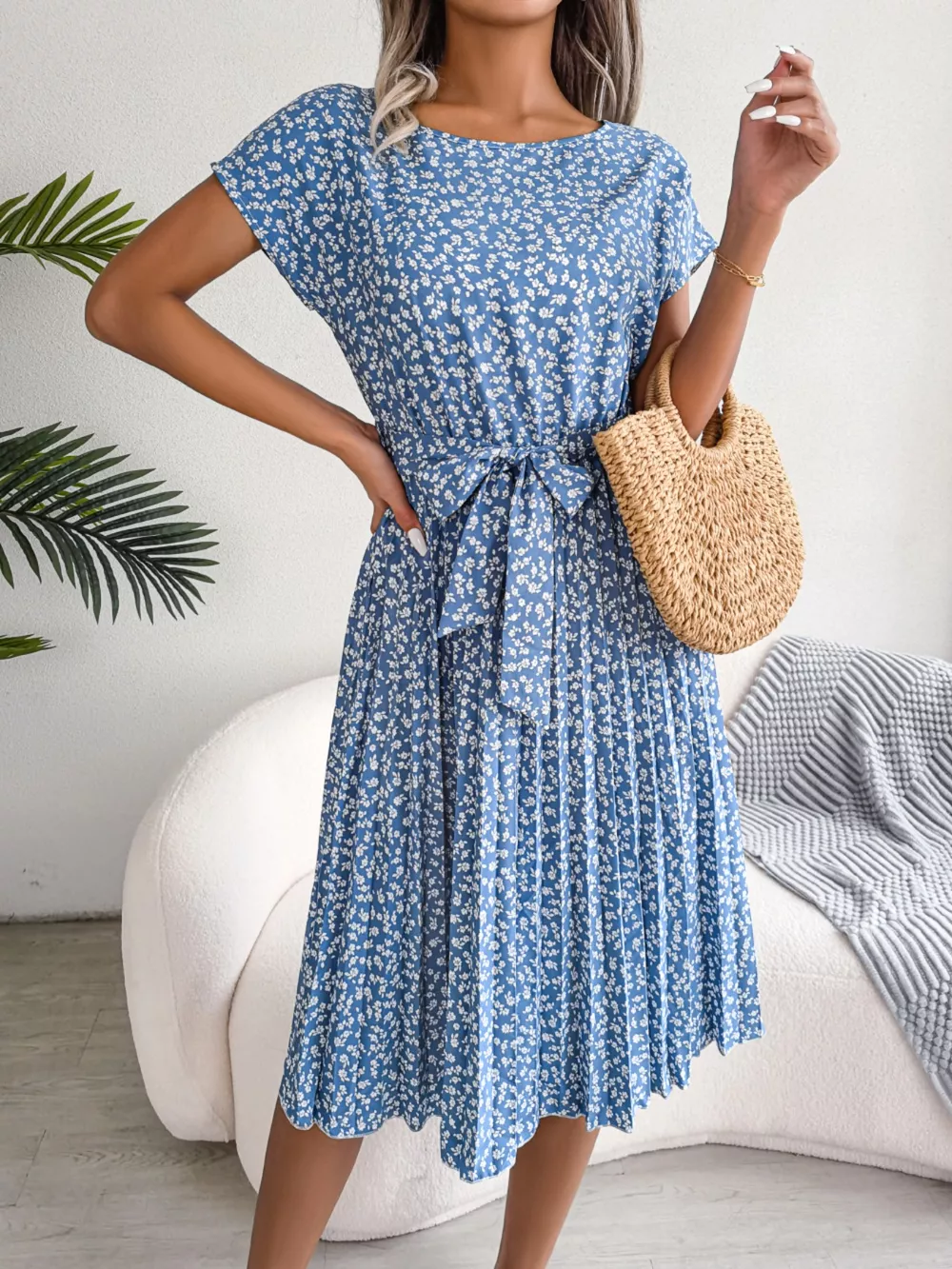 Floral Print Pleated Midi Dress with Belt, image 2