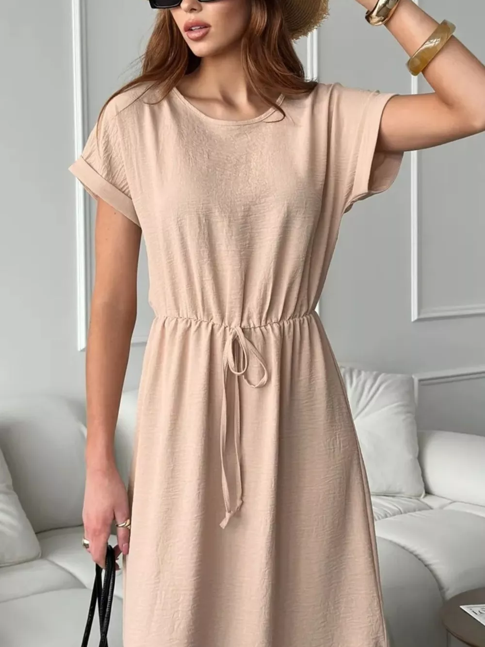 Casual Drawstring Waist Midi Dress, image 4