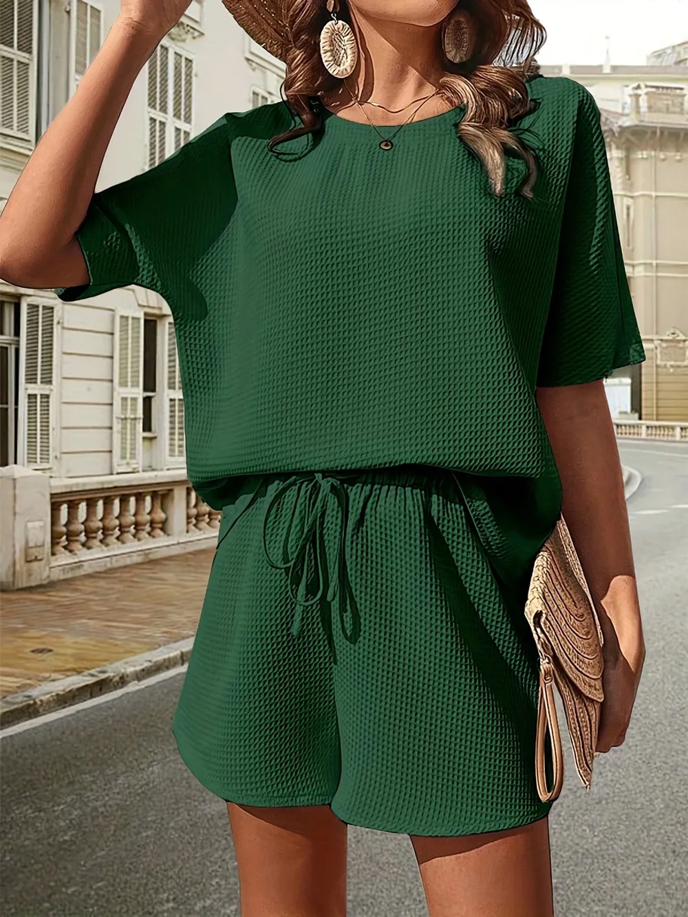 Waffle-Knit Half Sleeve Top and Shorts Set, image 4