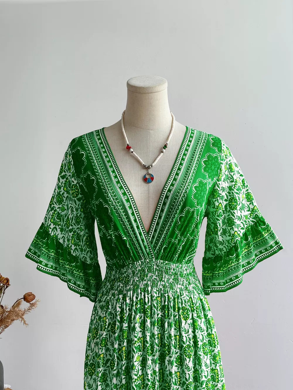 Floral Deep V-Neck Flutter Sleeves Dress, image 3