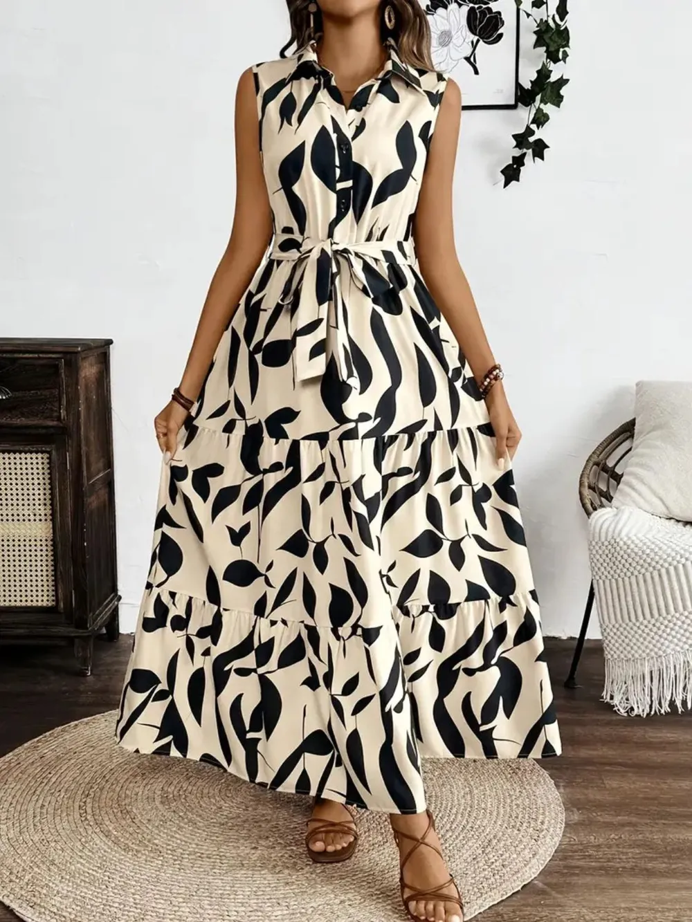 Printed Tie Waist Sleeveless Maxi Dress, image 5