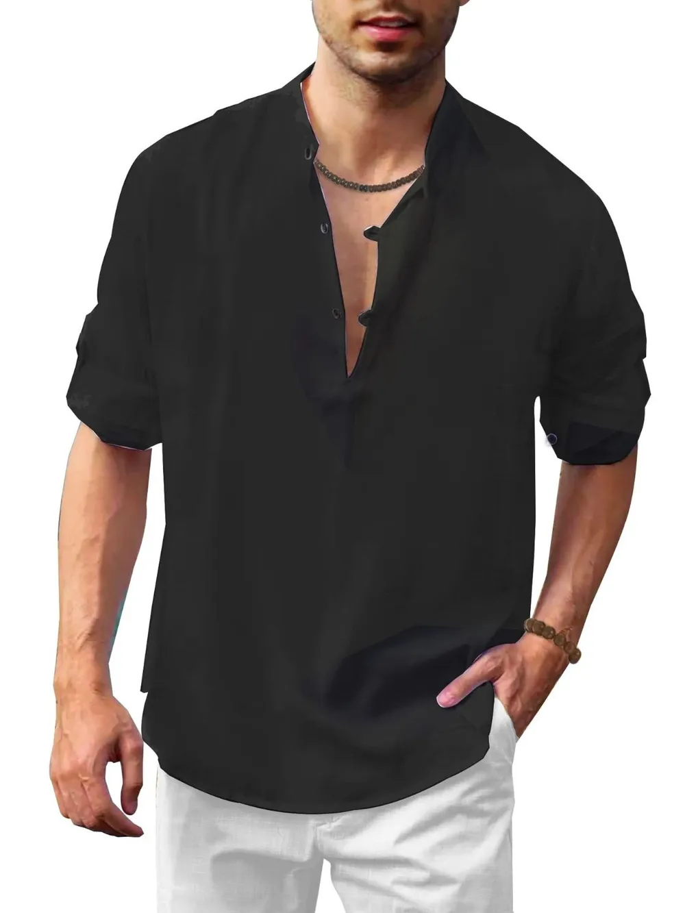 Men's Full Size Button Detail Roll-Tab Sleeve Top Plus Size, image 2