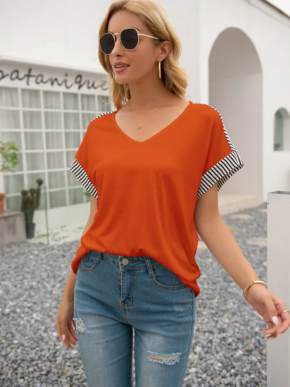 Striped V-Neck Short Sleeve T-Shirt, image 13