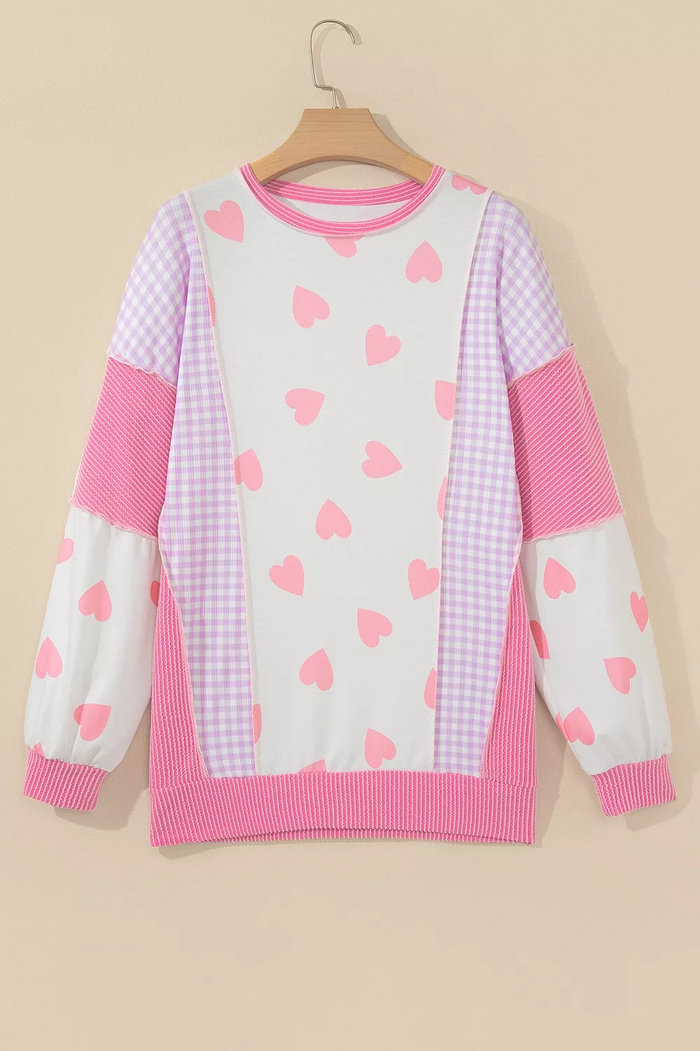 Heart Pattern Colorblock Ribbed Detail Side Slit Top, image 2