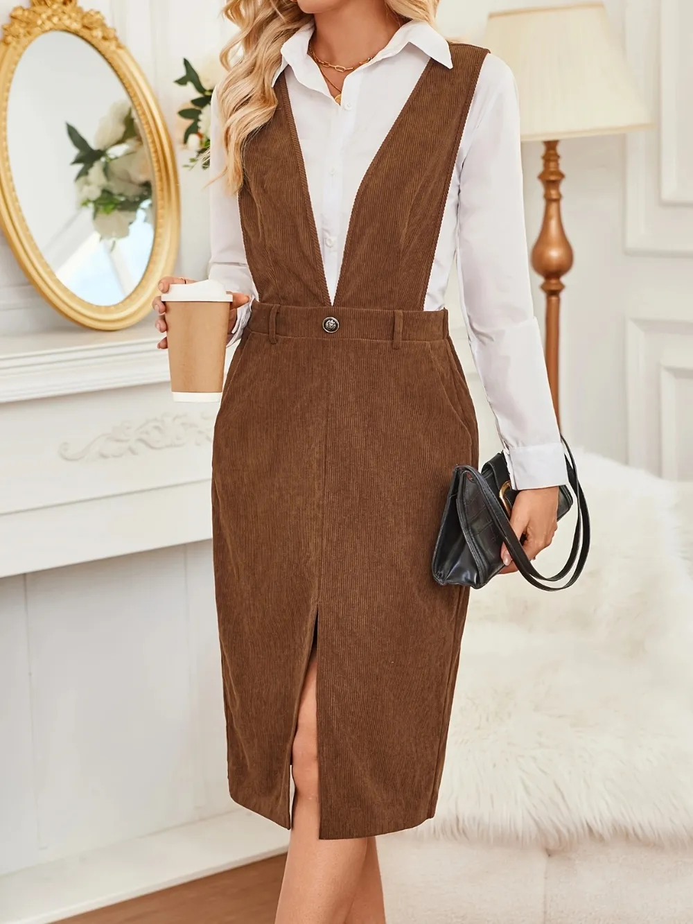 Front Slit Overall Dress with Pockets, image 3